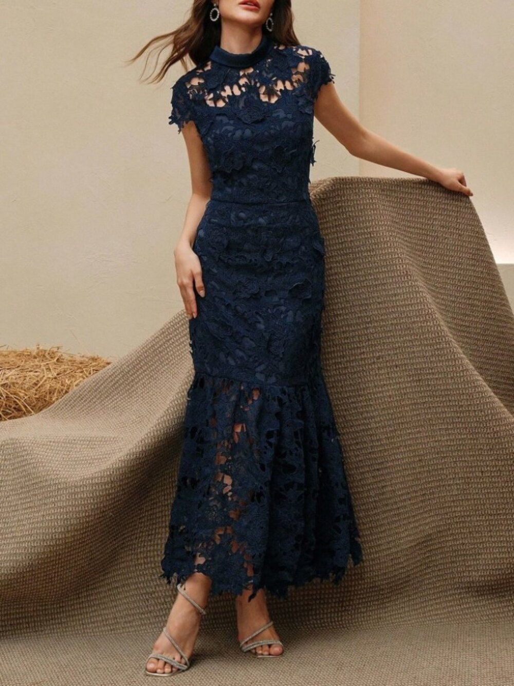 Navy Blue Floral Lace Cap Sleeve Mermaid Hem Maxi Dress with Stand Collar